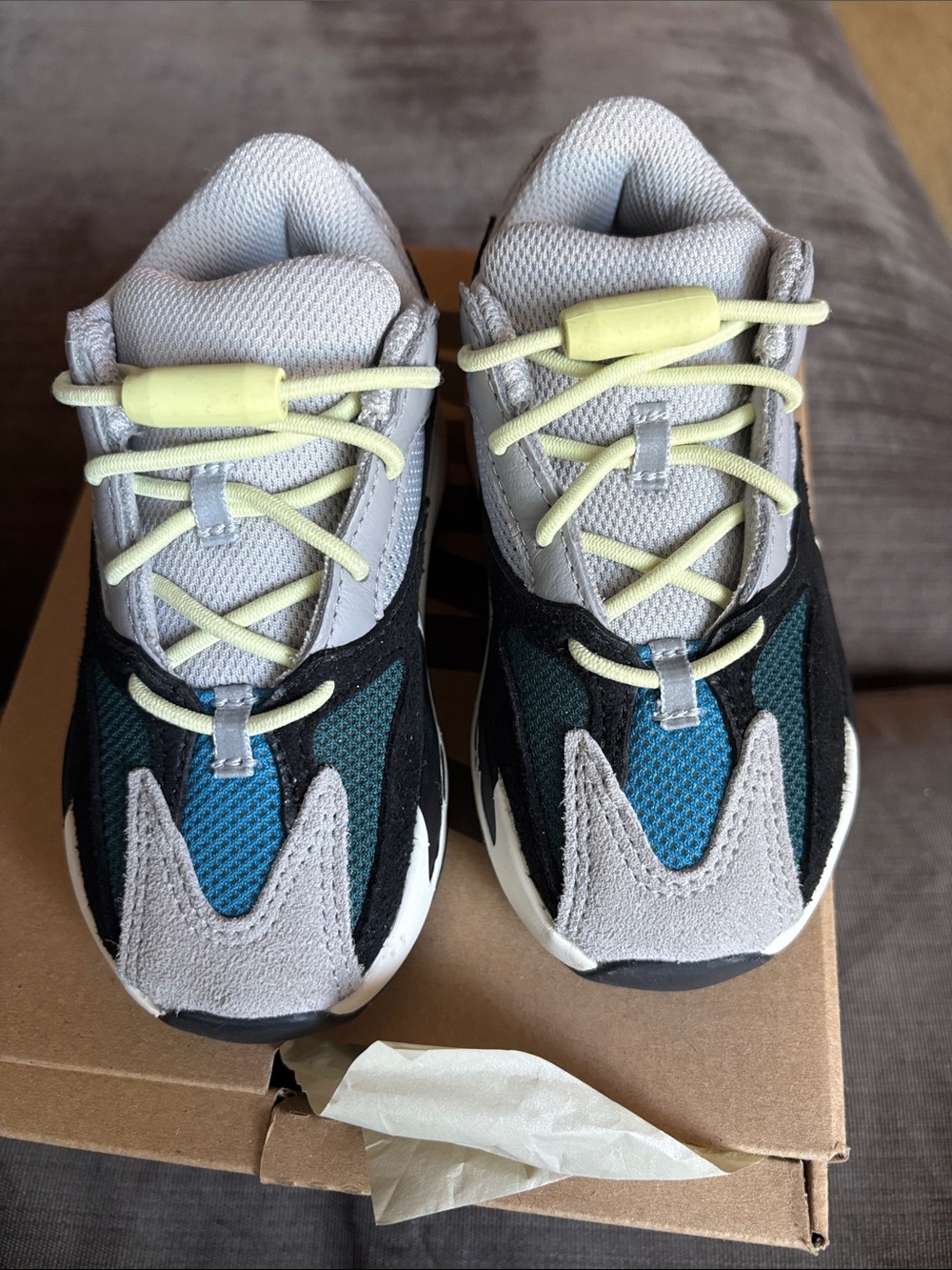 Yeezy Kids Sneakers in Gray, Black, Teal & Yellow